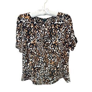 TALBOTS | Petite Leopard Print Blouse Short Sleeve Animal Print Top | Medium